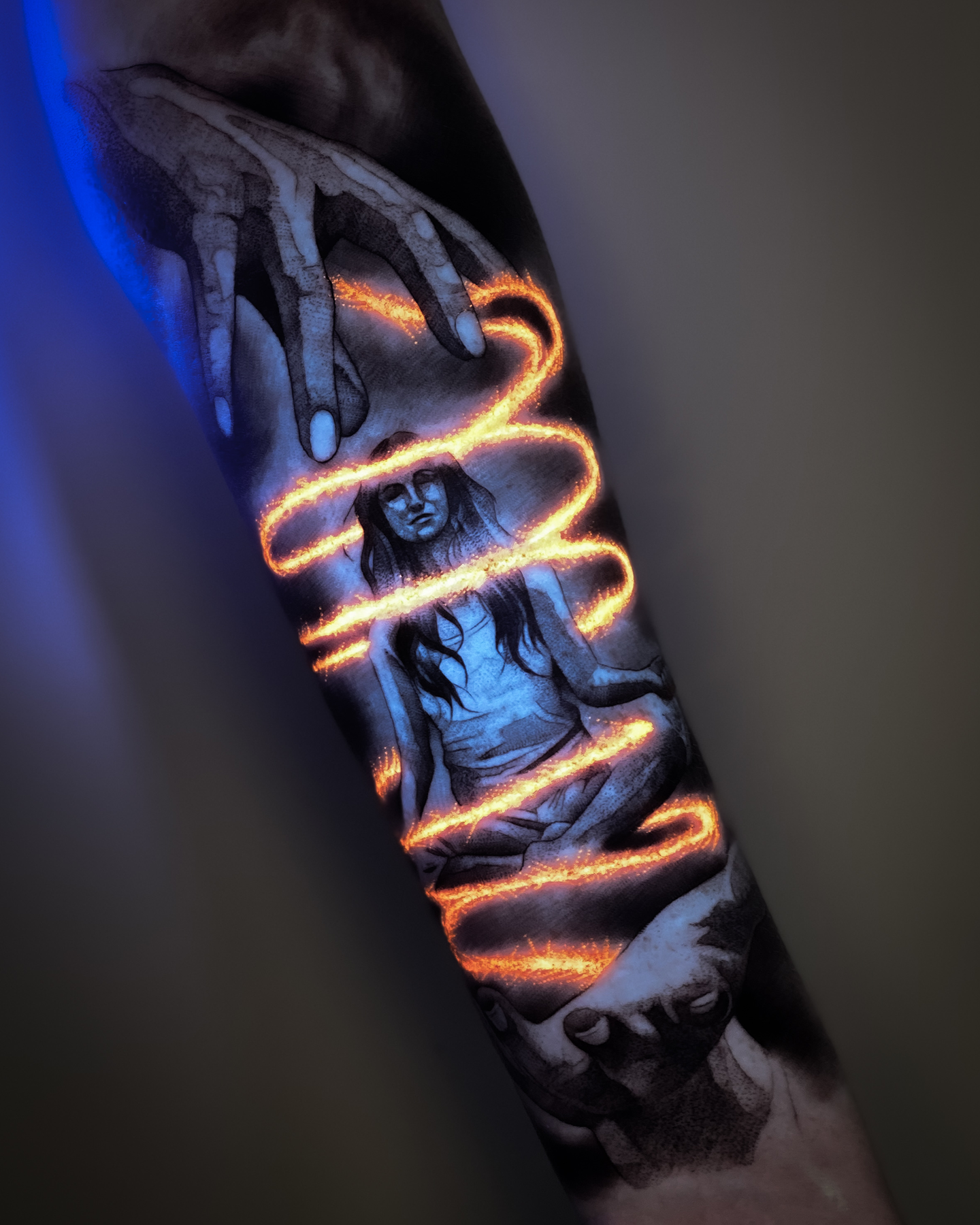 UV realism tattoo Sydney by Jonny Hall — black and grey realism with blacklight reveal